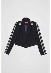 Resim Quzu Yazı Şeritli Tek Düğmeli Crop Blazer Lacivert Kadın Ceket Ckt00121 Lacivert 