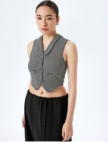 Resim Koton V Yaka Düğmeli Slim Fit Crop Triko Yelek Siyah Çizgili 5sal90013ık Siyah Çizgili Siyah 