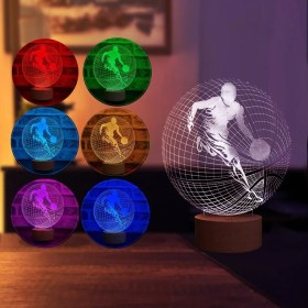 Resim By Lamp Basketbol Topu LED Masa Lambası Ahşap Taban 7 Farklı Işık Renkli 