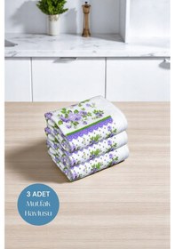 Resim 3lü Paket Baskılı Beyaz Mutfak Havlusu Modeli Lila Güller 