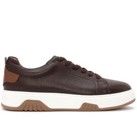 Resim Erkek Kahverengi Bağcıklı Kalın Tabanlı Deri Sneaker - Kahverengi / 4 