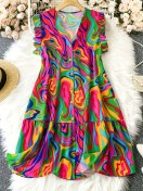 Resim Kadınların Büyük Beden Rahat Baskılı Elbisesi - Canlı Bağcıklı Desen, Düğmeli, Kap Kollu, Diz Boyu, Bol Kesim, Polyester, Hafta Sonu Giyim İçin Mükemmel, Rahat Giyim Elbisesi | Canlı Baskılı Elbise | Düğmeli Kapa Elbise 