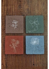 Resim Doğal Taş Bardak Altlığı 4'lü Set - Renkli Çiçek Desenleri - Stone Coasters Çok Renkli 