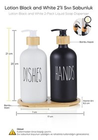 Resim Dekorasyaa 2li Siyah Beyaz Cam Sıvı Sabunluk 500ml - Bambu Stantlı Siyah - Beyaz 
