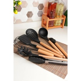 Resim Senin Dükkanın 7 Parça Bambu Saplı Silikon Kepçe Spatula Mutfak Seti (Maşa) 