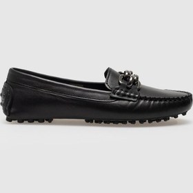 Resim Hakiki Deri Siyah Tokalı Kadın Loafer Siyah 