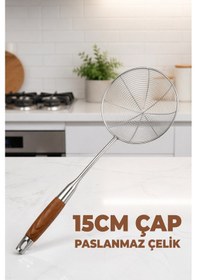 Resim 19.5cm Yağ Kevgiri - Haşlama Kevgiri - Süzgeç - Paslanmaz Çelik - Geniş Delikli Kevgir - Ahşap Sap Krom 