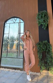 Resim MiMi Moda Kadın Fermuarlı Sport Eşofman Takımı Nakışlı 2 İplik Likra - Bej / 2XL 