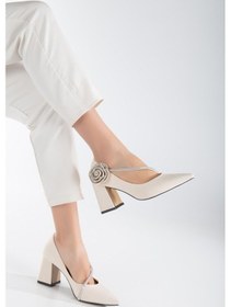 Resim Saten Çapraz Taş Detaylı Ten Kadın Kalın Topuk Stiletto-2533-ten Ten 