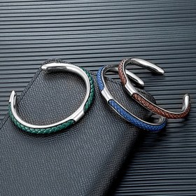 Resim Klasik Minimalist Erkek 304 Paslanmaz Çelik Örgülü Suni Deri Manşet Bilezik Moda Basit Takı Çift Hediye 