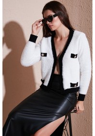 Resim Lela Premium Regular Fit V Yaka Cep Detaylı Yumuşak Dokulu Bayan Hırka 680Hi0048 Ekru-Siyah 