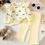 Resim 0-3 Yaş Kız Çocukları İçin 2 Parça Uzun Kollu Yuvarlak Yaka Fiyonklu Kapüşonlu Sweatshirt ve Elastik Bel Jogger Pantolon, Sonbahar Giyimi, Dış Mekan Aktiviteleri İçin Uygun 