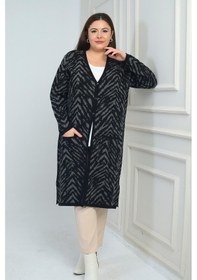 Resim By Saygı Kadın Zebra Desenli Cepli Büyük Beden Triko Uzun Hırka-41901 Siyah-gri 