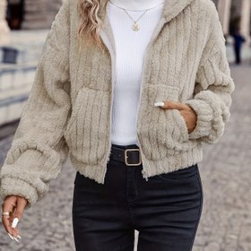 Resim Kadın Fransız Esintili Polar Ceket - Tam Fermuarlı Ön, Düşük Omuz Tasarımı ve Cepli, İlkbahar/Sonbahar için Şık Günlük Dış Giyim Yumuşak Mont 