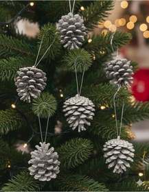 Resim Yılbaşı Ağaç Kozalak 4 Cm 6'lı Vernikli Gümüş Karlı Dekoratif Süs Diğer 