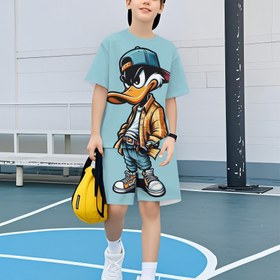Resim Mavi Desenli Yeni Karikatür Ördek Kapağı, 3D Baskılı Kısa Kollu Üst ve Şortlu İki Parça Set Kızlar ve Erkekler İçin, Kısa Kollu Kıyafet, Dış Mekan İçin 