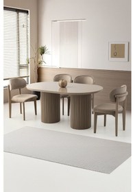 Resim Orkide Sabit Oval Bohem Cappicino Yemek Masası Takımı Ahşap Nergis Sandalye 1 Masa 6 Sandalye Krem 
