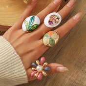 Resim 1 adet Zarif Boho Çinko Alaşım Yüzük, Rhinestone Detaylar, KC Altın Kaplama, El Boyalı Yağ Damlası Çiçek Tasarımı, Günlük Giyim ve Hediye Verme Durumları İçin Çok Yönlü 