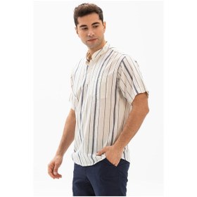 Resim Kısa Kol Şile Bezi Tek Cepli Hakim Yaka Erkek Yazlık Tshirt Ekru Gri Çizgili 3028 Ekru Gri Çizgili Ekru - Gri 