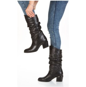 Resim Hakiki Deri Büzgülü Körüklü Kalın Topuk Kadın Çizme Siyah 