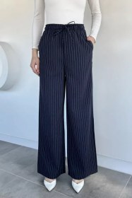 Resim Kadın Bel Lastikli Bağcıklı Bol Paça Pantolon Lacivert TZL-P-00020736 
