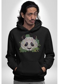 Resim Panda Mandala Kadın Erkek Siyah Kapüşonlu Sweatshirt Hoodie Siyah 