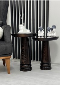 Resim AYLESA Doğal Ahşap 2’li Set Mantar Yan Sehpa Modern Koyu Ceviz Renk Fiskos Zigon Çiçeklik 