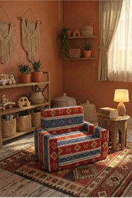 Resim LENSA HOME Çocuk Koltuğu Komple Sünger Katlanabilir Yataklı Minder Yatak (0-4 YAŞ) MAVİ KİLİM DESEN 