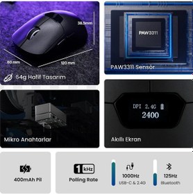 Resim Aula Sc390 Paw3311 Sensör 20000 Dpı 1000hz Kablolu Ve Kablosuz Gaming Oyuncu Mouse Siyah Sc390 