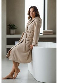 Resim % 100 Pamuklu Laodikeia Kapşonlu Unisex Kadın Erkek Bornoz Bej 