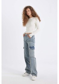 Resim Defacto Wide Leg Kargo Yüksek Bel Uzun Jean Yıkamalı Pantolon C7325AX24AUNM39 Mavi 