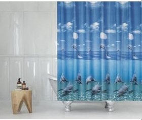 Resim Tropik Home Mavi Yunus Desen Banyo Perdesi-mavi Renk Duş Perdesi, 180x200 Cm Küvet Perdesi 