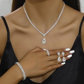 Resim Gelinlik Kolye Banket Takı Seti Dört Parça Gelin Küpe Bilezik Yüzük Seti 