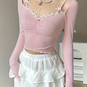 Resim Kadınlar İçin Kontrast Dantel Detaylı Kısa Kollu Crop Top - Yumuşak Pembe & Beyaz Fırfır Detaylı Kare Yaka Bluz, İlkbahar/Sonbahar Katmanlama Temeli, Genç Tarzı, Dantel Aksanlı Dokuma Örgü 