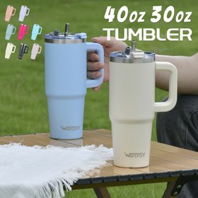 Resim WATERSY 30oz/40oz Paslanmaz Çelik Seyahat Kupası Saman Kapak ve Saplı, Sıcak & Soğuk İçecekler için Çift Duvar Vakumlu Yalıtımlı, Sızdırmaz, BPA'sız, Temizleme Fırçası Dahil, Açık Mavi & Beyaz Seçenekler, Yalıtımlı Seyahat Kupaları 