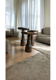Resim Wood Ahşap 3 Lü Set Fitilli Mantar Yan Sehpa Boğumlu Model / Ceviz Renk / Zigon Sehpa Vernikli Ceviz 