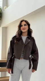 Resim Suni Deri Crop Biker Ceket Kahverengi 