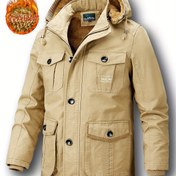 Resim Erkekler İçin Kışlık Kalınlaştırılmış Cargo Tarzı Kapüşonlu Çıkarılabilir Astarlı Ceket, Dış Mekan Rüzgar Geçirmez Çok Cepli Sıcak Tutan %100 Pamuk 