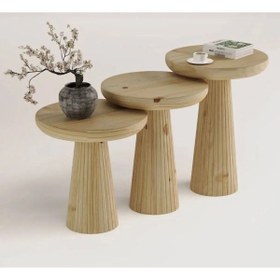 Resim Simillo Home&Living Wood Wooden 3’lü Set Fitilli Mantar Yan Sehpa Modern Ahşap Renk Vernikli Fiskos 