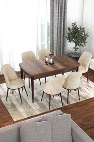 Resim Canisa Concept Via Serisi 80x132 Açılabilir Mutfak Masası Takımı Barok Desen Masa 6 Krem Sandalye 
