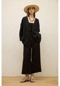 Resim Manuka Ütü İzli Keten Pantolon Siyah Siyah 