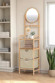 Resim DigitHome DB-0035 Bambu Aynalı 2 Çekmeceli Banyo Düzenleyici 2 Raflı Şifonyer Makyaj Organizeri 