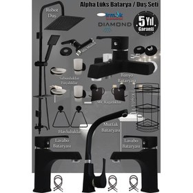 Resim Irmak Lavabo Banyo Mutfak Bataryası ve Robot Duş Siyah Banyo Seti Armatür Musluk Batarya Duş Alpha 