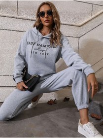 Resim DUBU BUTİK Hampton Eşofman Takımı Sweatshirt Jogger - Gri Baskılı Oversize Şardonlu Kapüşonlu Lastik Paça 
