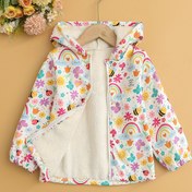 Resim Kızlar için Kışlık Kapüşonlu Ceket - Geometrik Desenli, Uzun Kollu ve Ön Cebi Olan, Rahat Fleece Astarlı Fermuarlı Mont, Sonbahar/Kış için Casual Stil, Dış Mekan Oyunları için Mükemmel, Bebek Kız Kış Montu, Oyuncu Tasarım, Yumuşak Dokulu, Kız Yağmurluğu, Yağmurlu Kız, Kızlar için Mont 