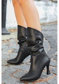 Resim Feles Arkadan Fermuarlı Büzgülü Kadın Çizme Siyah 