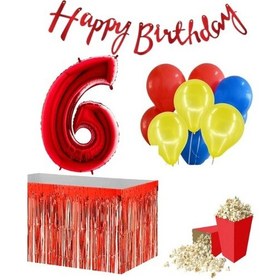Resim 6 Yaş Kırmızı Balon Rakam Folyo Banner Mısır Kutusu Masa Eteği 
