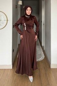 Resim Tesettür Diyarı Saye Taşlı Drapeli Saten Tesettür Abiye- Kahverengi 