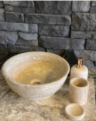 Resim Polen Stone Traverten Lavabo, Sıvı Sabunluk, Diş Fırçalığı, Katı Sabunluk 4,lü Set 