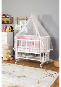 Resim Ahşap Beşik Anne Yanı Beşik Beyaz 60x120 Pembe Yıldız Uyku Seti Yatak Tekerlekli Beyaz 